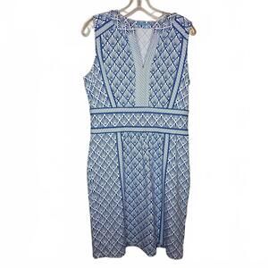 J McLaughlin Sleeveless Blue White Shell Print Nylon Blend Dress Size Large
